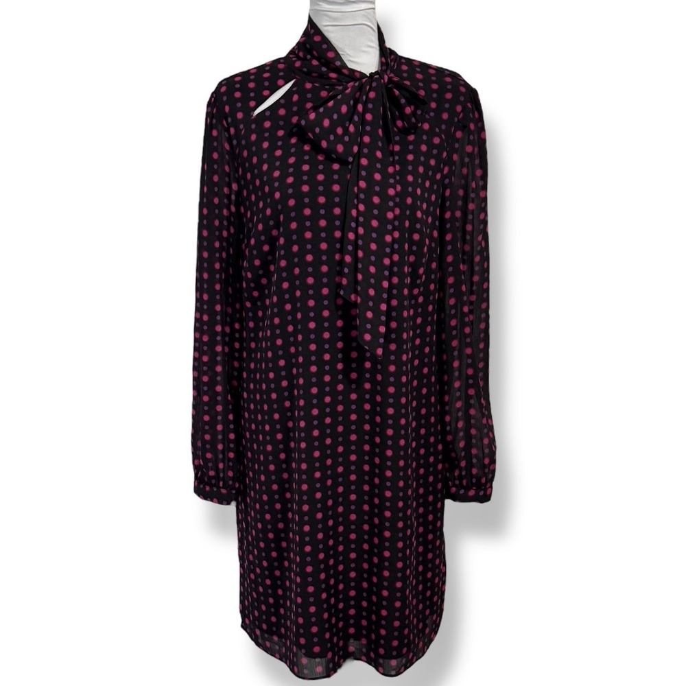 The Limited‎ Long Sleeve Tie Neck Shift Dress Size 10 Black Pink Polka Dot Retro - Picture 3 of 15